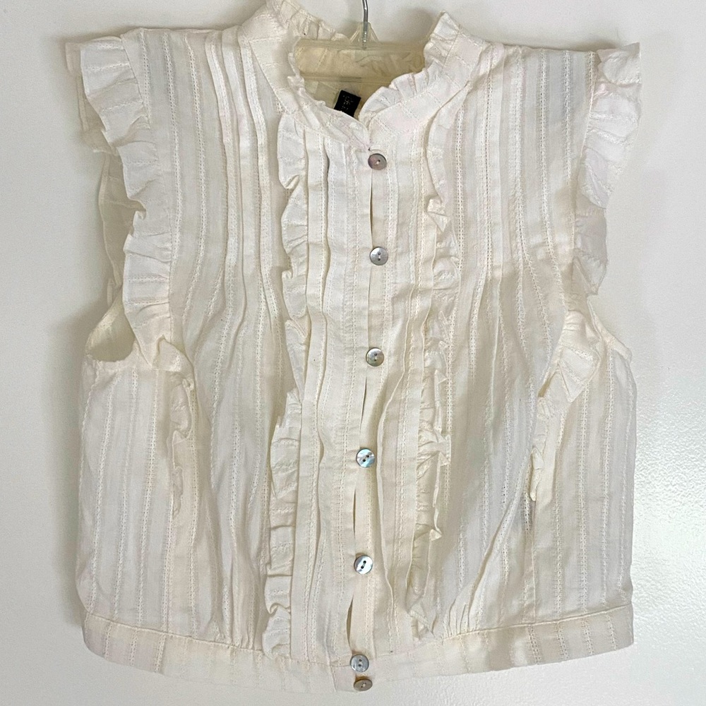 Tracy Reese Cream Ruffled Sleeveless Button-Down Top
